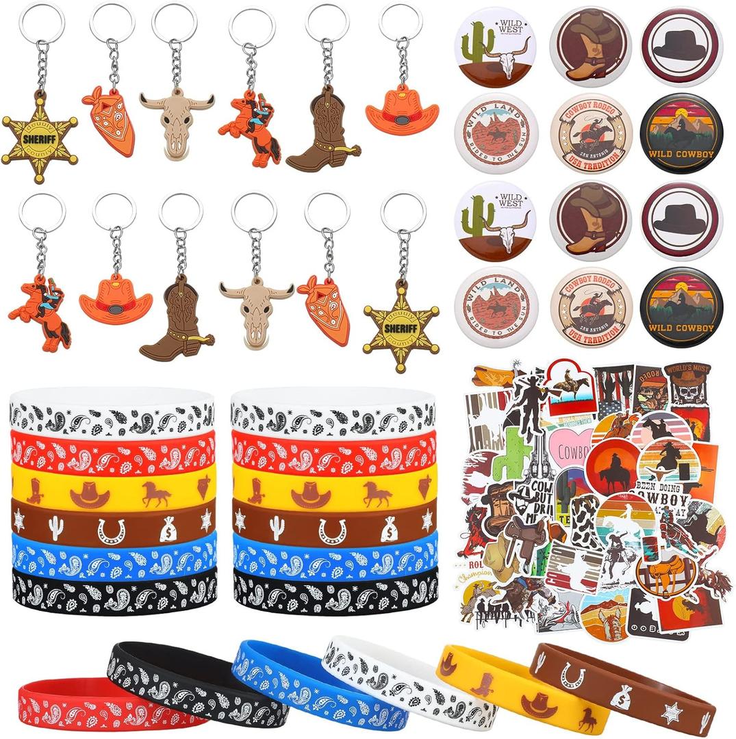 Sureio 86 Pcs Western Cowboy Party Favors Include 12 Keychains 12 Western Cowboy Silicone Bracelets Button Pins 50 Waterproof Theme Stickers for Birthday Party Supplies