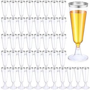 Thenshop 50 Pcs Plastic Champagne Flutes Disposable Champagne Glasses Bulk 5.5 oz Clear Mimosa Cocktail Cups with Rim Detachable Glasses for Wedding Party Birthday Anniversary(Silver, Clear)
