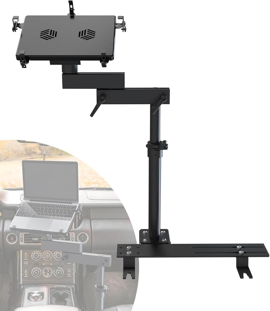 Car Laptop Mount with 2 Cooling Fans, No-Drill Adjustable Vehicle Computer Mount for Trucks, Vans, Heavy Duty Aluminum Laptop Holder for Work on The Go
