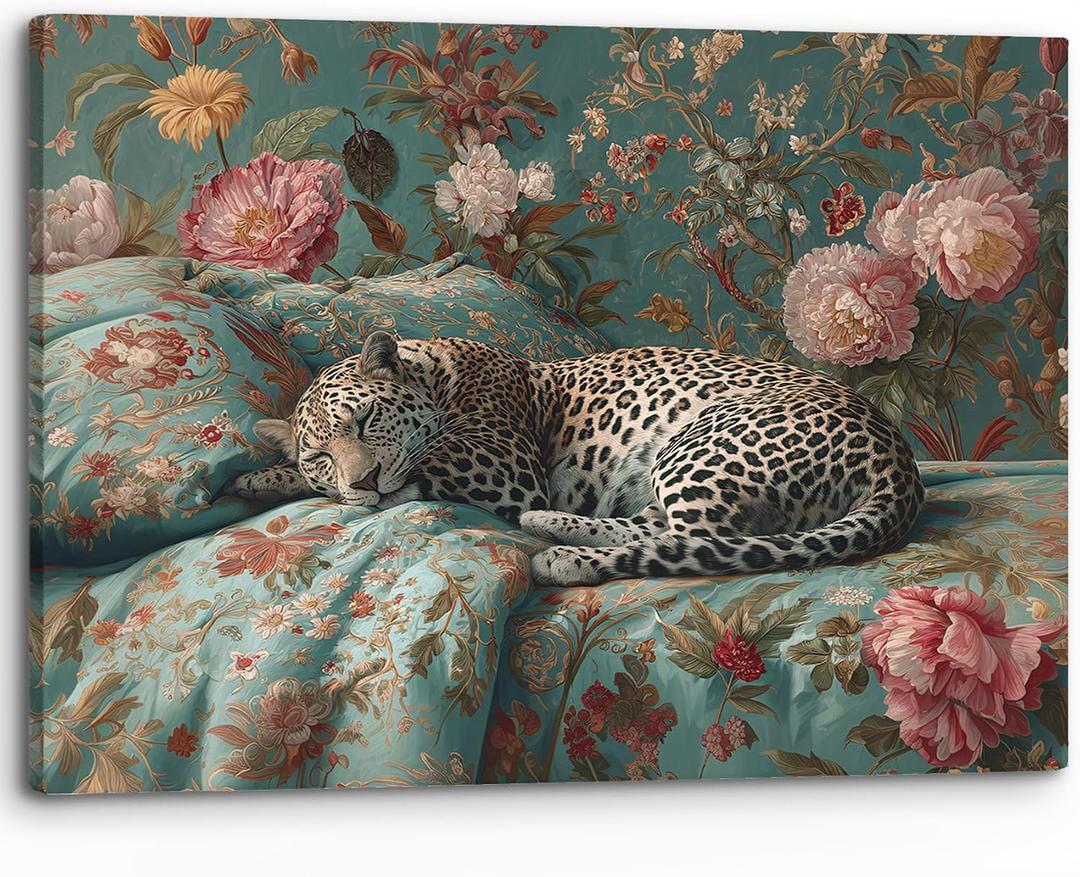 PHAMTE Vintage Floral Leopard Wall Art Decor Canvas 11x14, Maximalist Sleeping Cheetah Pictures Decorations, Cheetah Chinoiserie Aesthetic Framed Prints Artwork for Girly Room Bedroom Dorm Decor