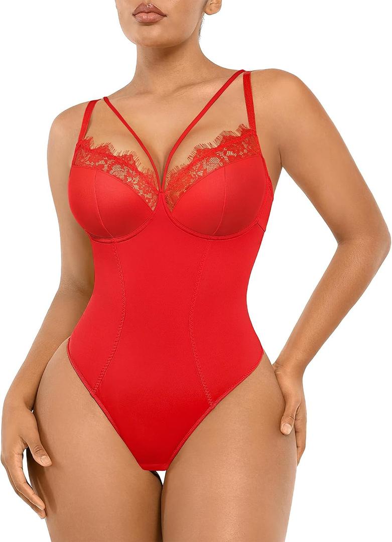 SHAPELLX Lace Bodysuit Shapewear for Women Tummy Control Body Suits Waist Sculpting V Neck Thong Corset Going Out Tops, S