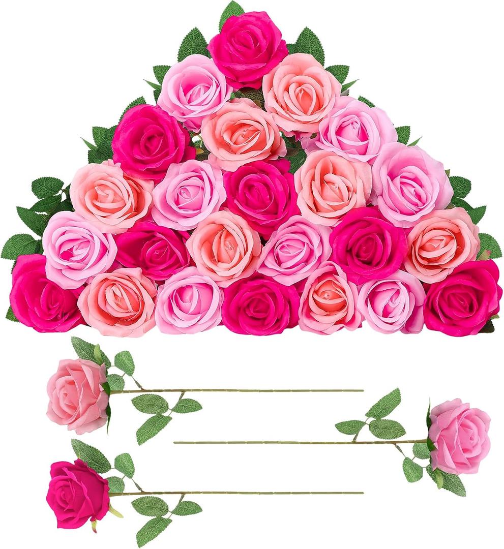 24 Pcs Hot Pink, Light Pink Rose Artificial Flowers with Long Stem Real Touch Silk Roses Bulk for Wedding, Party, Table Centerpieces Bouquet, Bridal, Home Decor