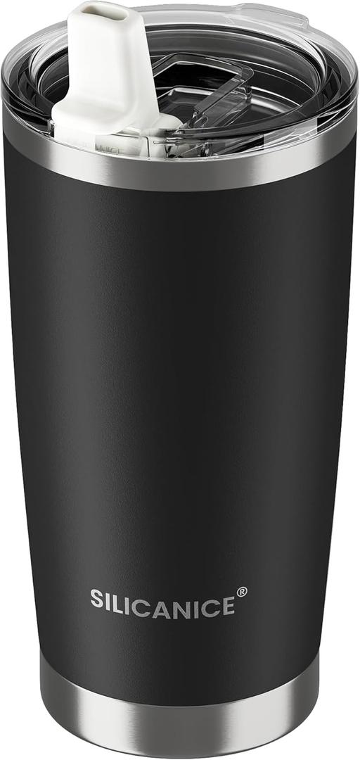 20oz Hygienic Insulated Tumbler — 100% Leakproof Lid with Removable Spout & Straw, Reinforced Vacuum-Protection Base, Cup Holder Friendly, for Iced Coffee, Smoothie/Water on the Go - Black