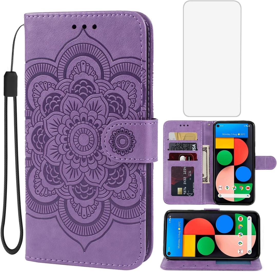 Case for Pixel 4A 5G Case, Pixel 5XL G025I Wallet Case with Tempered Glass Screen Protector, Embossed Mandala Leather Flip Credit Card Holder Stand Phone Cover for Google Pixel 4A 5G Purple