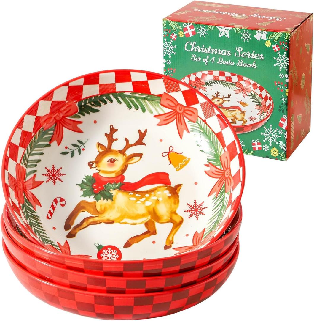 Pasta Bowls 42 Oz, Serving Bowls Set of 4, Ceramic Plate for Kitchen,Salad, Dinner, Microwave Oven and Dishwasher Safe, Versatile Christmas Dishes for Holiday Entertaining, Red