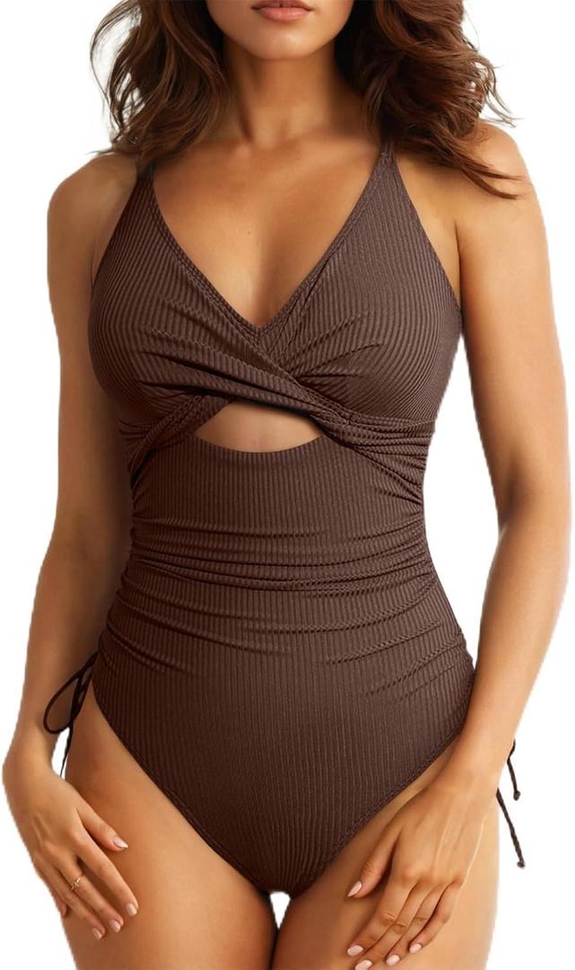 Aleumdr Women's Ribbed One Piece Swimsuit Tummy Control High Cut Bathing Suit Sexy V Neck Criss Cross Monikini (Large, Brown)