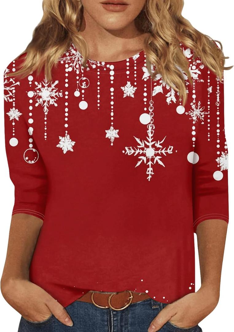Christmas Shirts for Women Ladies Casual Round Neck Xmas Print Tops Loose Fit 3/4 Length Sleeve Large Deep Red (Red, L)