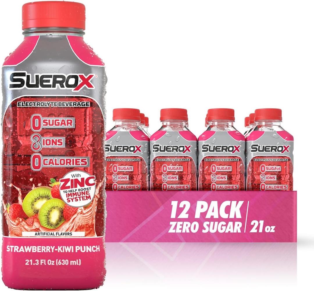 SueroX Zero Sugar Electrolyte Drink for Hydration and Recovery, Unique Blend of Electrolytes & 8 Ions, Zero Calorie Sports Drink, 21.3 Fl Oz, Strawberry-Kiwi Punch, 12 Count, Best By: 01/31/2027
