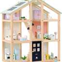 3-Story Wooden Dollhouse with 38-Piece Furniture | Easy-Assembly Modern Playhouse | Mint Green Roof, Gender-Neutral Colors | Ages 3+