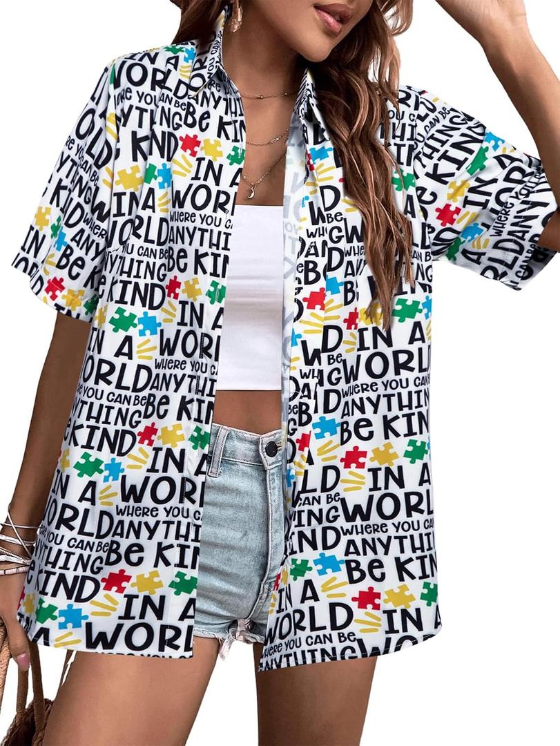 Autism Awareness Shirt Be Kind Women T-Shirt Funny Kindness Blessed Inspirational Graphic Tee Short Sleeve Button Up Top (White, L)