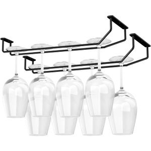 14-Inch Wine Glass Holder - Under Cabinet Metal Stemware Rack for Kitchen Bar - Single Rail Hanging Storage Hanger, Set of 2 (Black)