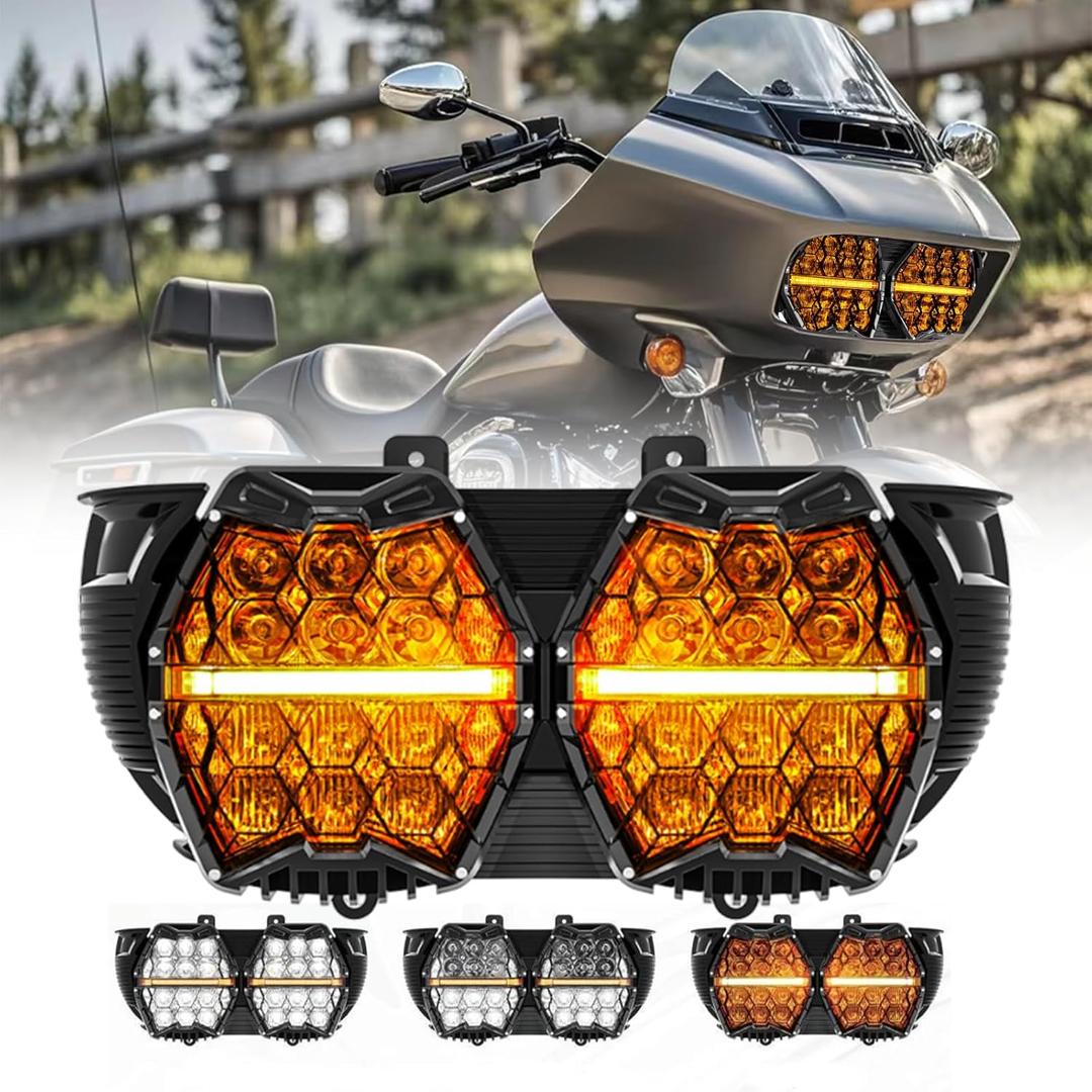 240W High Power Dual Motorcycles LED Headlight with High Low Beam Amber DRL Honeycomb design DOT Certification Headlight Compatible with Road glide 2015-2023(White)