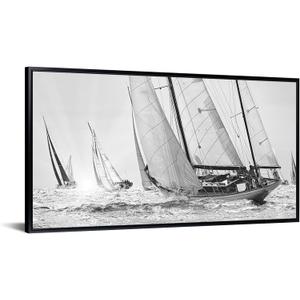 iKNOW FOTO Framed Canvas Wall Art Black and White Sailboat Seascape Vintage Coastal Picture with Black Floater Frame Stretched Ready to Hang 20x40 Boats Wall Art for Living Room, Office, Home Decor