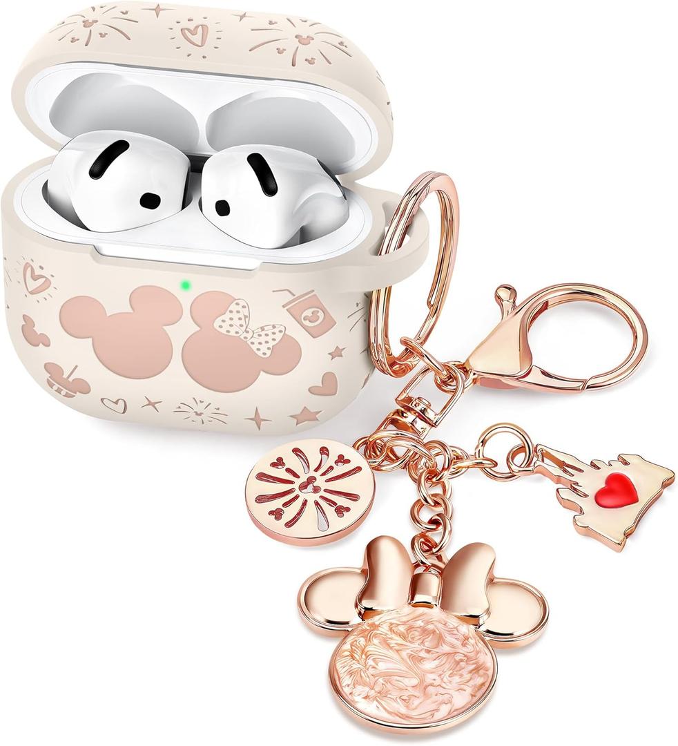 (with Cute Keychain) Girovo Compatible with Apple Airpods 4 Case 2024 Women, Soft Silicone Two-Tone Funny Cartoon Engraved Portable 360 Full Protection Anti-Scratch Airpod 4 Case Starlight/Pink