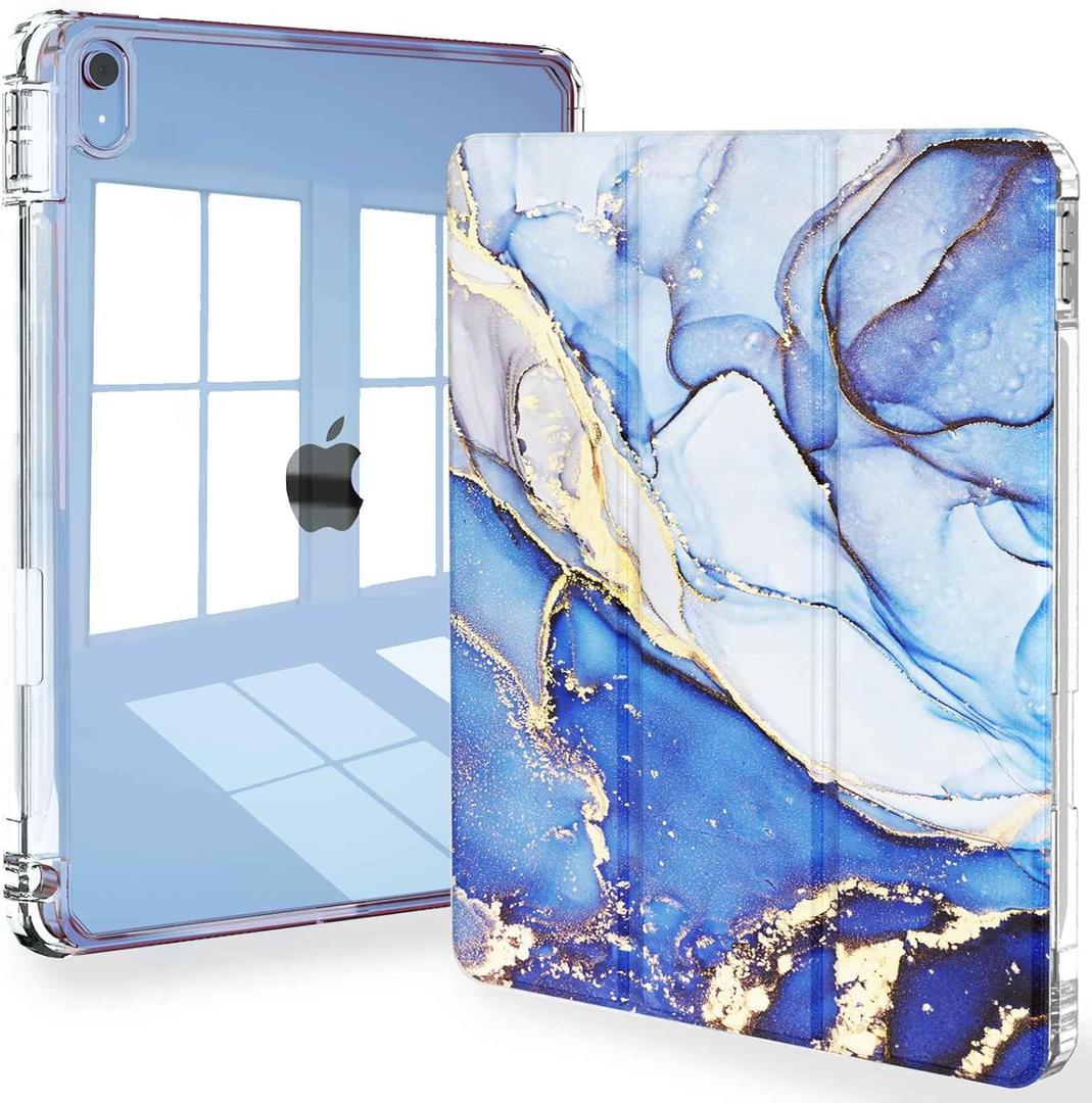 Feams for iPad A16 11th Generation 11 Inch Case 2025, iPad 10th Generation 10.9 Inch 2022, Slim Clear Back Cover with Pencil Holder & Auto Sleep, Blue Marble
