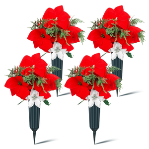 Thiccywoov 4 Set Christmas Artificial Cemetery Flowers Outdoor Grave Decorations Poinsettia Memorial Flowers Accompanied by 2 Long Nail Vases Lasting and Non Bleed Colors for Cemetery Home Decoration