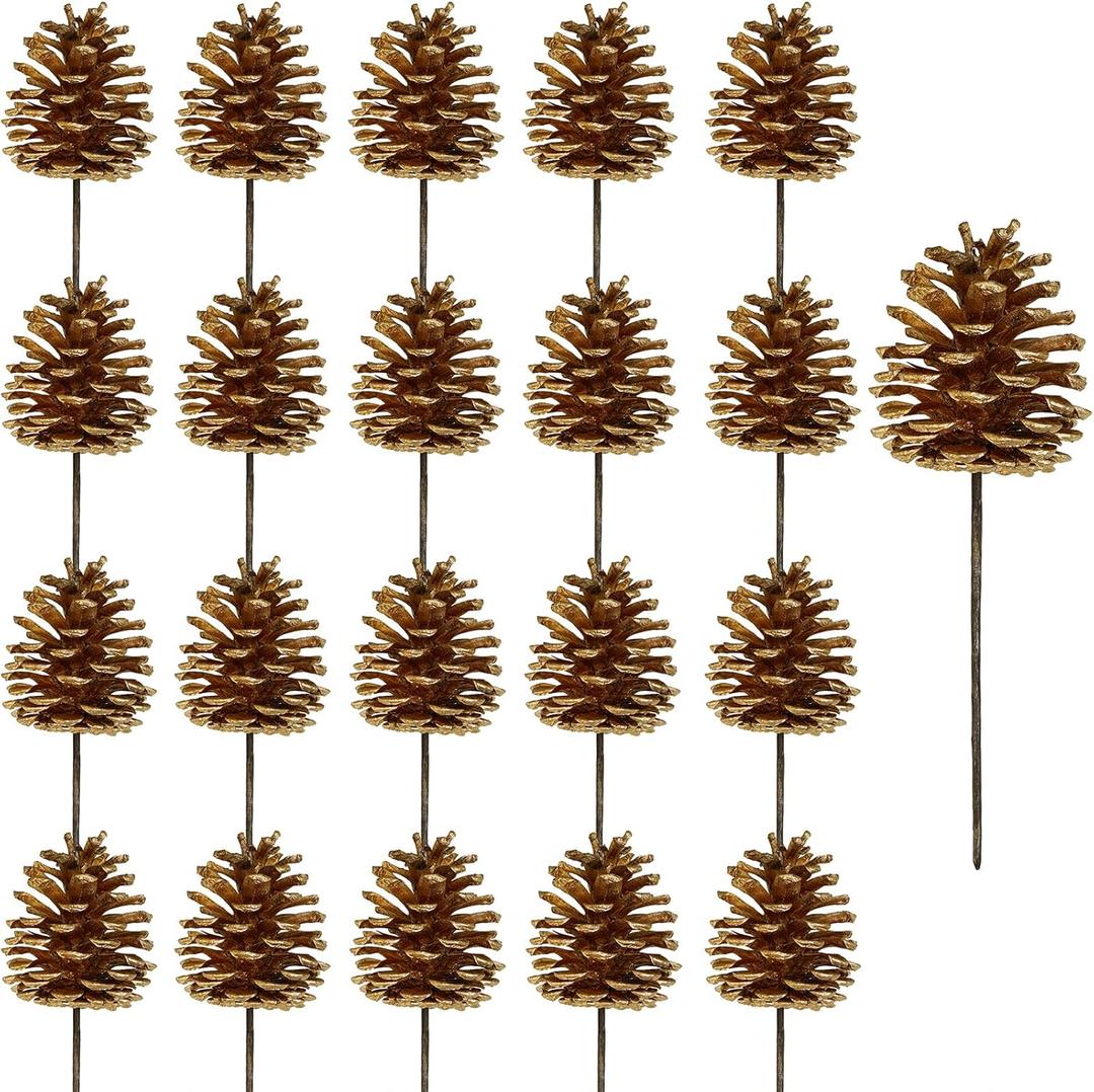Winlyn 20 Pcs Gold Pine Cone Picks Christmas Ornaments Pinecone Floral Picks Decorative Natural Pinecone Wired Stems 6.9" Tall for Christmas Tree Floral Arrangements Holiday Crafts Seasonal Decoration