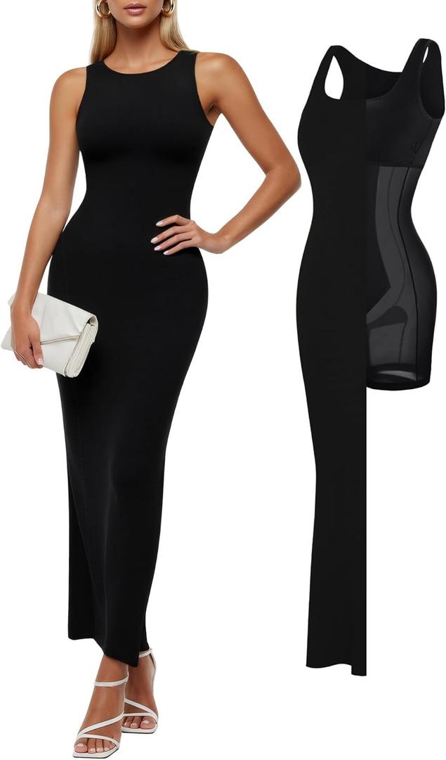 Popilush Tank Dress For Women - Long Sleeveless Maxi Dress With Zipper - Formal Wedding Guest Dresses (Black), L