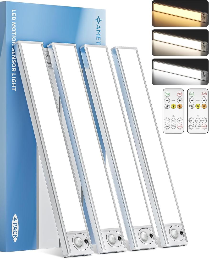 12inch Under Cabinet Lighting with Remote, 2400mAh Rechargeable Motion Sensor Light Indoor, Wireless Closet Lights, Dimmable, 3 Color Temps, Magnetic for Kitchen, Stairs (4 Pack)