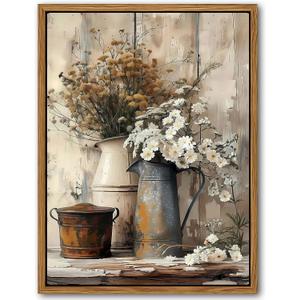 Floating Framed Farmhouse Vintage Canvas Wall Art, Country Floral Daisy Pictures Wall Decor, Wood Grain Art Paintings Poster for Living Room Bedroom Bathroom Rustic Decor 12x16 inch (Retro Flowers)
