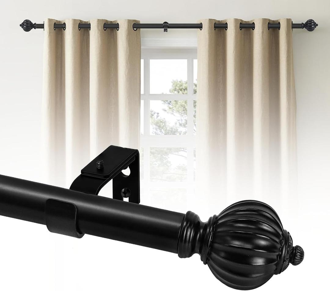 Refrze Black Curtain Rod for Windows 28 to 48 Inch, 1 Inch Heavy Duty Curtain Rods, Decorative Adjustable Curtain Rods for Living Room, Outdoor Curtain Rod for Patio, 28-48", Black