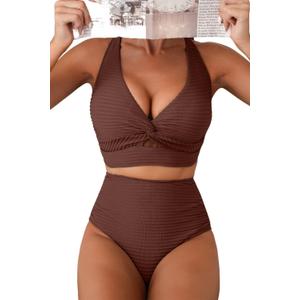 Herseas Women's Textured Bikini Sets Twist Front Top Swimsuits High Waisted Bathing Suits (Brown, XL)