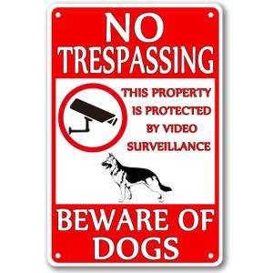 Beware Of Dog Sign No Trespassing Sign Dog Warning Signs For Fence Guard Dog On Duty Yard Sign This Property Is Protected By Video Surveillance Beware Of Dogs Metal Tin Sign 8×12 Inch