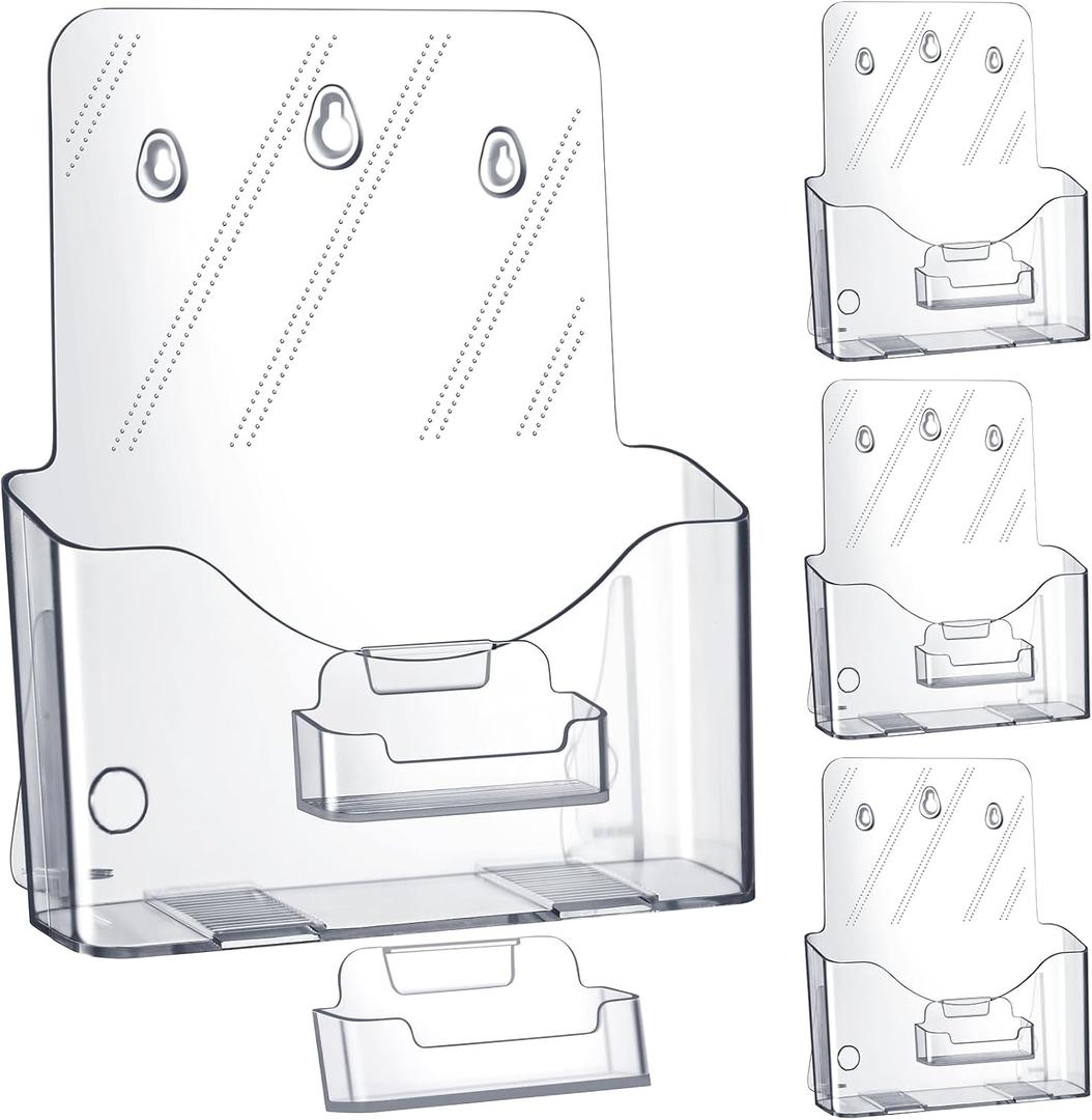 Memorywuu 4 Sets Acrylic Brochure and Business Card Holder 8.5 x 11'' Clear Brochure Display Stand with Removable Business Card Holder Plastic Flyer Stand for Magazine Pamphlet Booklet Journal