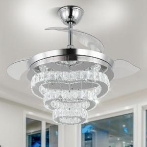 FRIXCHUR 42 Modern Crystal Chandelier Ceiling Fan LED Dimmable Fandelier with Lights and Remote, 6-Speed DIY Flush Mount Ceiling Fans Light Fixture for Living Room Bedroom (Chrome)