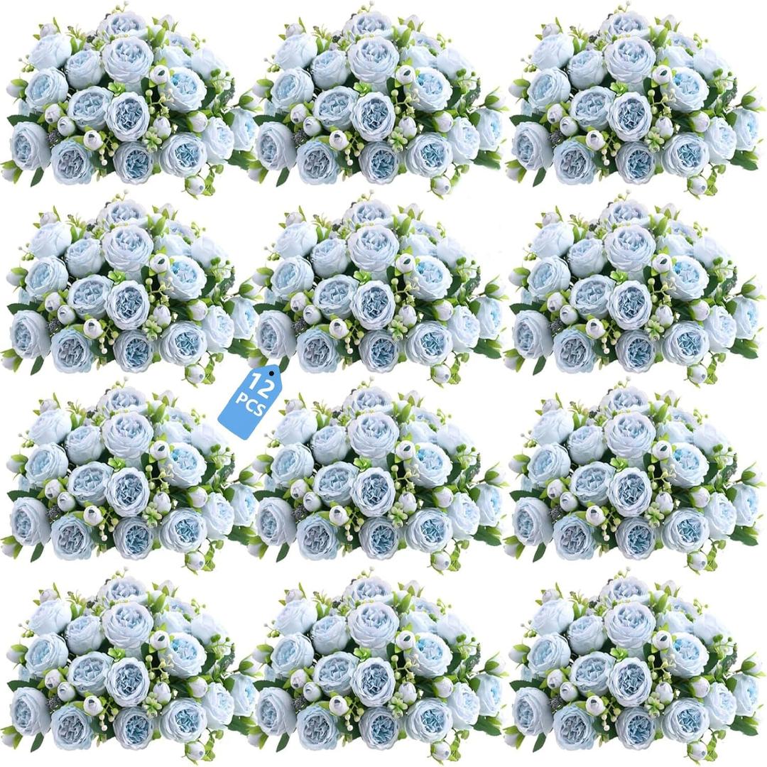 Peonies Artificial Flowers 12 Bundles Pink Flowers Bouquet, Lifelike Silk Fake Peonies with Stems for Home Table Centerpieces, Wedding, Party & DIY Bridal Floral Arrangements (Blue)