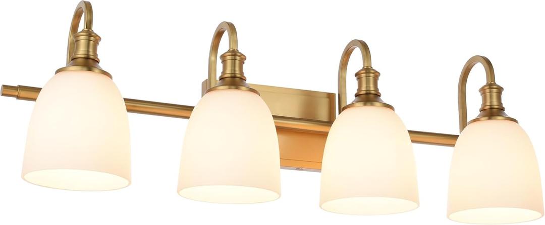 Bathroom Vanity Light Fixtures, Vintage Aged Brass 4 Lights Wall Sconce Lighting with Milk Glass Shade, Porch Wall Mount Light Fixture for Bathroom, Mirror Cabinets Hallway Stairs