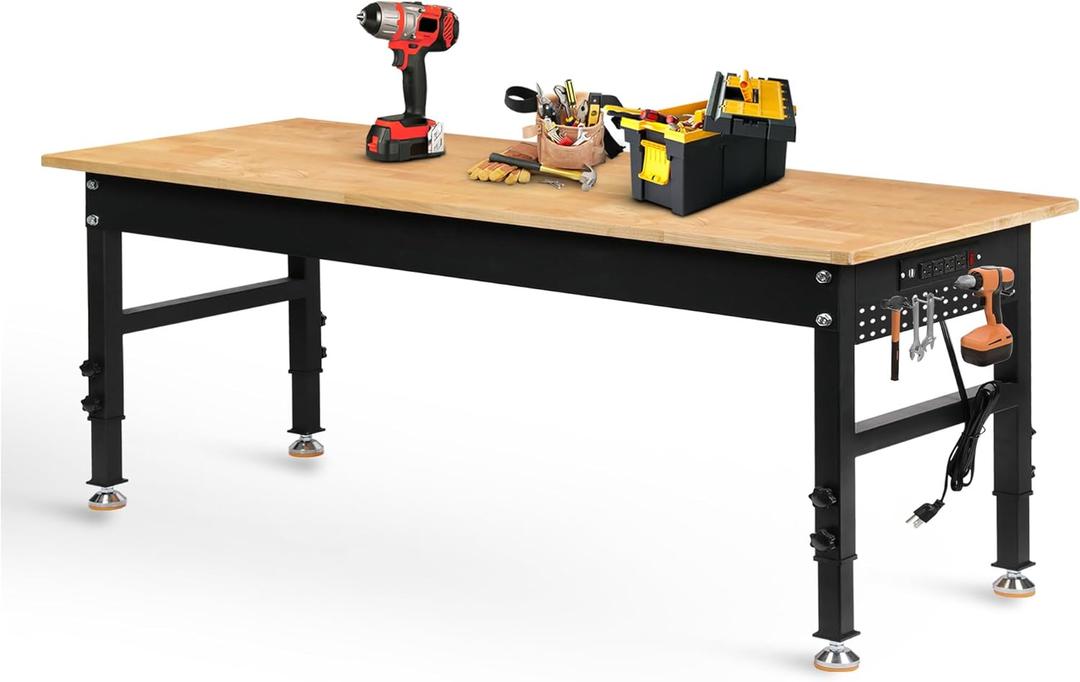Betterhood 70" Adjustable Height Workbench, 2000 LBS Heavy Duty Work Table with Power Outlets & Pegboard, Rubber Wood Workstation for Garage, Workshop, Office, Home, Commercial