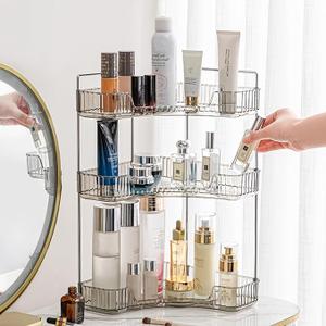 Aveniee Corner Bathroom Counter Organizer, Bathroom Countertop Shelf Makeup Storage, Clear Perfume Tray Holder (3 Tiers, White)