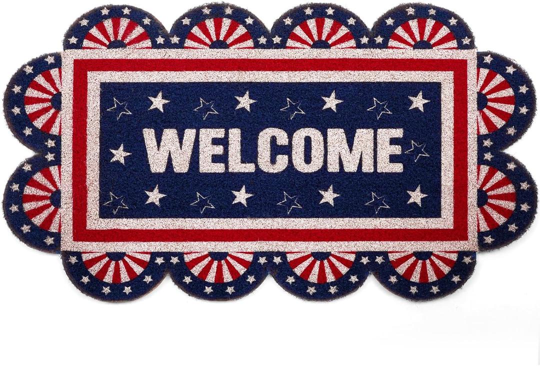 Dunzy America Stars Memorial Day Welcome Coir Doormat Non Slip Entrance Welcome Door Mats for Outdoors Indoors, 4th of July Patriotic Independence Day for Front Porch Entryway Decor, 18 x 30 Inch