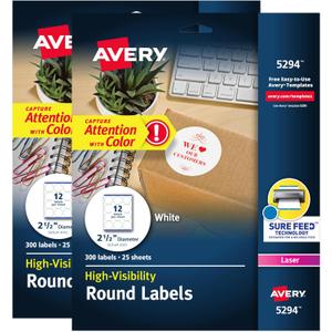 Avery High Visibility Printable Round Labels with Sure Feed, 2.5" Diameter, White, Laser Printer, 300 per Pack, 2 Packs, 600 Customizable Blank Labels Total (45294)
