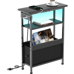 Creso hom Narrow Side Table with Charging Station and LED Light, Small End Table with 1 Fabric Drawer, Skinny Nightstand with USB Ports & Type-C, Slim Side Table for Bedroom, Living Room, Black