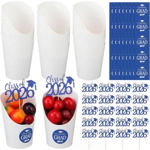 50 Set 2026 Graduation Charcuterie Cups, 14 oz Disposable French Fries Snack Appetizer Cup with Congrats Grad Stickers Class of 2026 Signs for Graduation Party Supplies(Blue, White)