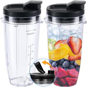 Replacement 24oz Blender Cup with Sip & Seal Lid For Nutri Ninja BL450 BL456 BL480 BL482 BL640 BL642 BL682 BN401 BN751 BN801 Foodi SS101 SS151 SS351 SS401 Ninja Blender Auto IQ Blade, 2-Pack
