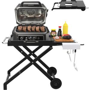 Folding Grill Stand for Ninja Woodfire Outdoor Grill Stand OG700 OG800 OG900 Series, Portable BBQ Stand Table for Ninja OO101 Woodfire Pizza Oven Also Fit Blackstone 17/22" with Hook, Wheels