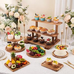 Roowest Set of 6 Rustic Wood Dessert Table Display Set - Cake Stands, Tiered Cupcake Tower & Serving Trays for Wedding, Baby Shower, Tea Party