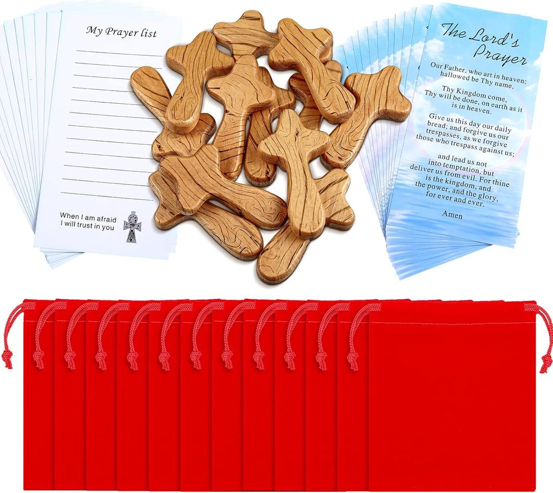 WILLBOND 12 Set Small Wooden Holding Crosses 4 Inches Easter Pocket Crosses Hand Held with Red Velvet Pocket and Certificates Jesus Cross Gift for Prayer Men Religious Christian Church Gift