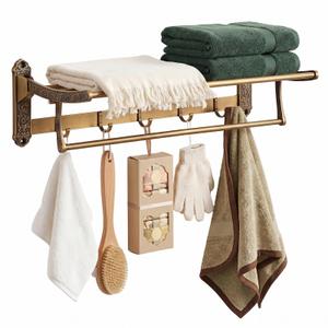 24" 2-Tier Vintage Style Brass Foldable Towel Rack with Hooks