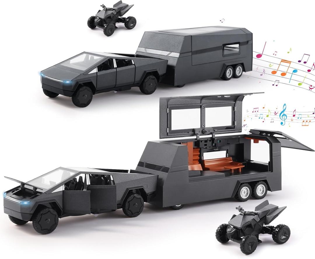 1/32 Alloy Car Trucks Toy Pickup Trailer RV Model Kit with Beach Motorcycle, Diecast Alloy Metal RV Car Model Toys with Sound Light and Pull Back Power,Christmas Birthday Gift for Boy Girl-Green (Black)