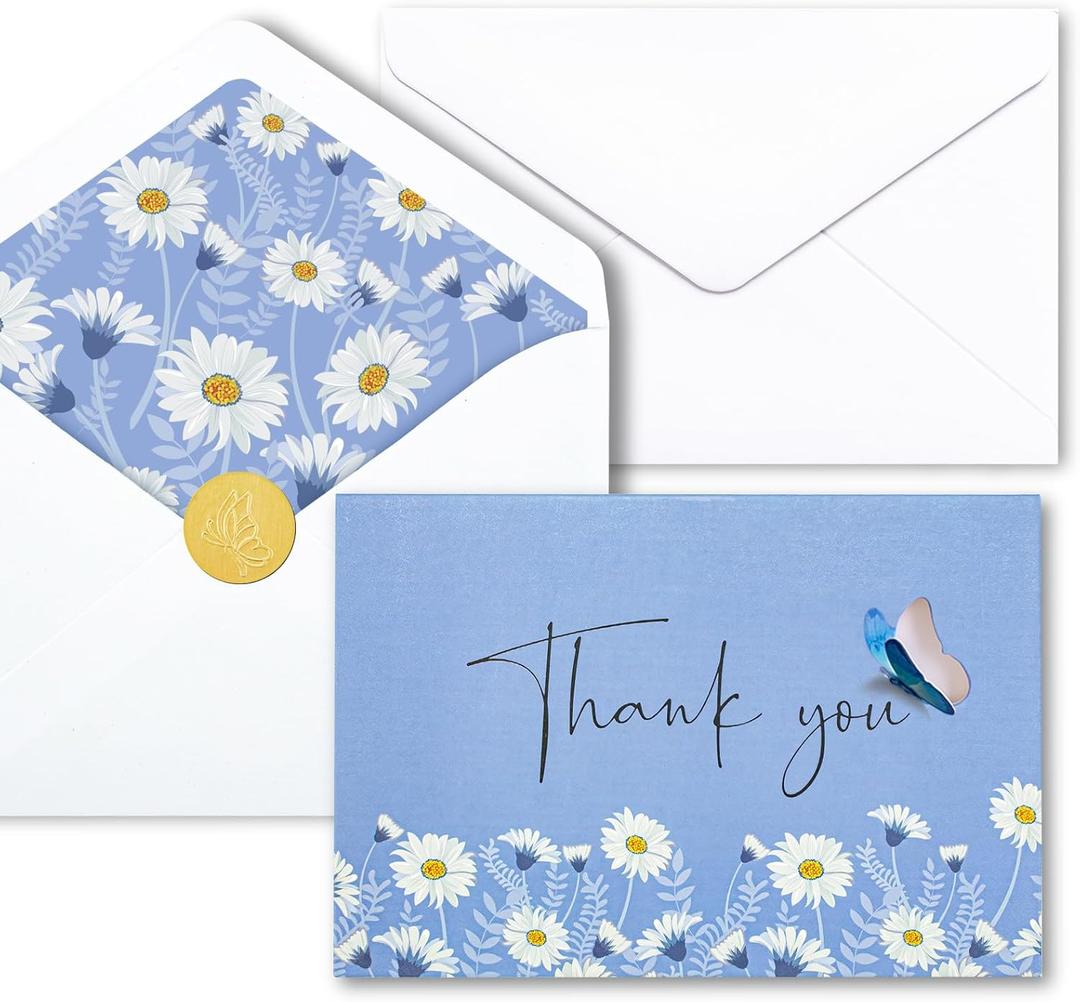 2 x AZAZA 48 PK Floral Thank You Cards Unique Design, Wedding Cards with Envelopes Bulk, 4x6 Thank You Notes for Baby Shower, Bridal Shower, Sympathy (Blue Butterfly)