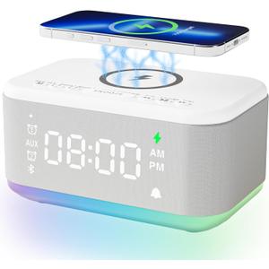 Alarm Clock Speaker Wireless Charger, Digital Alarm Clocks Bedrooms Bluetooth, Alarm Clock Dimmable Light Bedrooms Dual Alarm Snooze Dimmer 12 24H RGB Night Light Bluetooth USB AUX, White