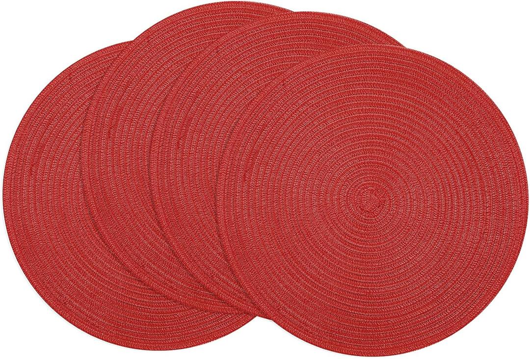 SHACOS Round Placemats Set of 4 Non Slip Washable Place Mats 15 inch Cotton Polyester Braided Placemat for Christmas Home Wedding Party Dining Table Decor (Red, 4)