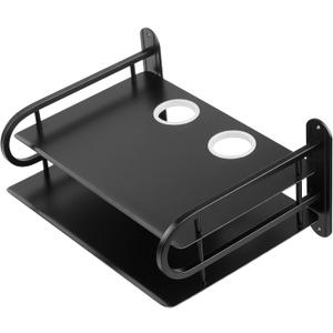 Black Metal Double Wireless WiFi Router Storage Box Wall Hanging Shelf with Cable Organizer, 2 Shelves, Large