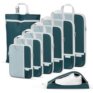 Percover Compression Packing Cubes for Travel, 8-Piece Structured Compression Organizer Set with Laundry Bag & Shoe Bag for Carry-On & Checked Luggage, Peacock Green