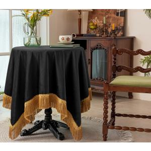 F-CHU Luxury Black Tablecloth Thickset Velvet Tablecloth with Beautiful Gold Tassels Table Cloth for Home Decor Wedding, Party, Banquet and Events 60x60-Inch