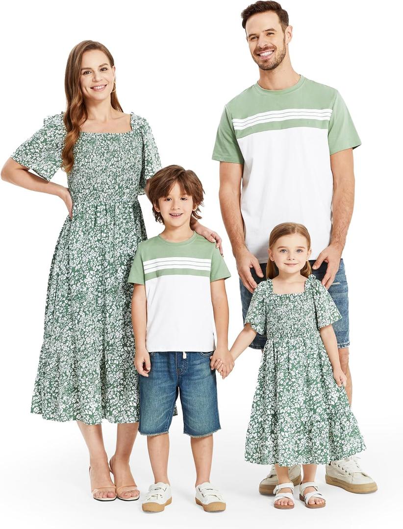 PATPAT Family Matching Outfits Boho Floral Print Square Neck Puff Sleeve Smocked Dress and Short Sleeve T-Shirts Matching Set (Small, Sage Green)